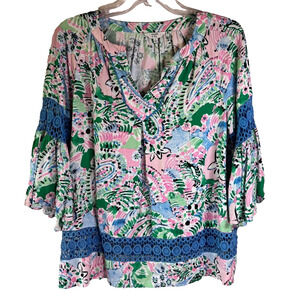 Crown & Ivy Blouse 3/4 Bell Sleeve Knitted inlay Pink Blue Green V neck‎ Size S